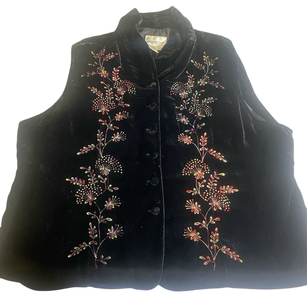 Y2K‎ Coldwater Creek Black Velvet Embroidered Boho Vest Size L Floral Embroider